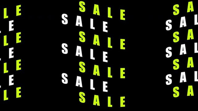 Seamless loop animation of repeating SALE text in lime green and white with wave distortion effect moving horizontally