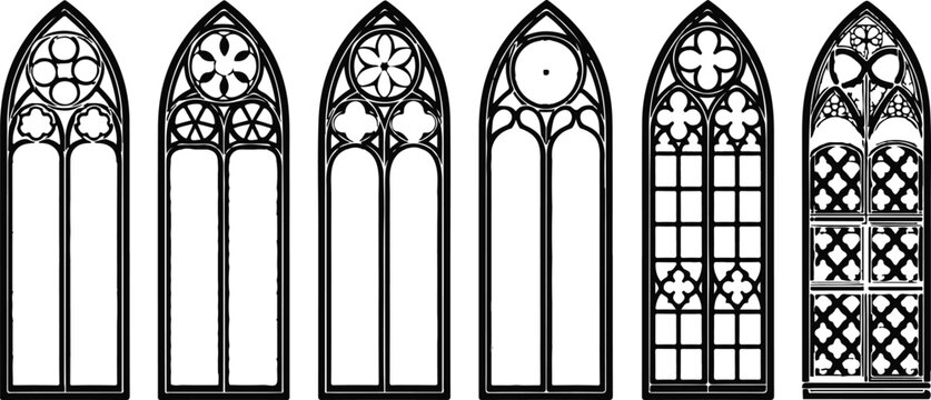 Antique Medieval Style Arch Window Silhouettes on White Background