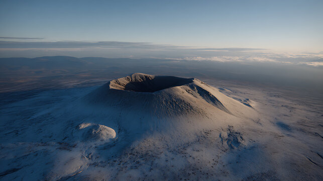 Dramatic aerial view of a dormant volcanic caldera blanketed in snow and ice, under a clear sky at sunrise or sunset, vast empty landscape