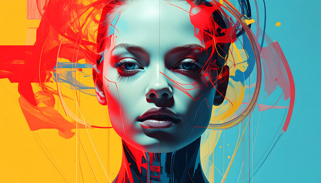 Retrato conceptual de mujer joven con luces de ne&oacute;n vibrantes y l&iacute;neas abstractas