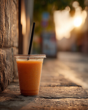 Tropical Fruit Smoothie in Takeaway Cup at Golden Hour on Urban Street