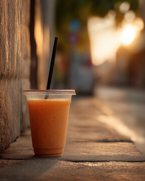 Tropical Fruit Smoothie in Takeaway Cup at Golden Hour on Urban Street