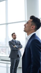 Fototapeta premium Confident Hispanic Employee Dreaming in Modern Office