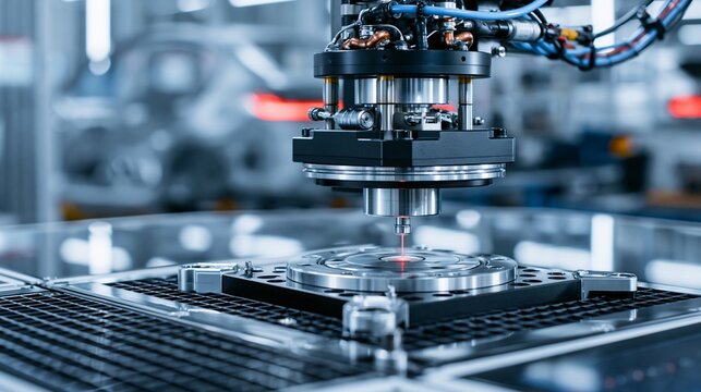 Closeup on a dimensional inspection cell featuring a coordinate measuring machine fixture checking automotive body geometry with automated precision.