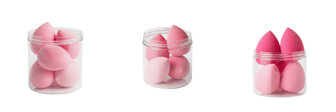 Set and collection of pink makeup blending sponges pack in transparent plastic jar cosmetic beauty applicator blender set isolated on white transparent png background