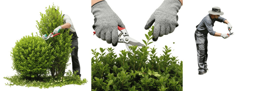 Set and collection of professional gardener hands wearing protective gloves trimming lush green hedge bush with garden shears pruning tool isolated on white transparent png background