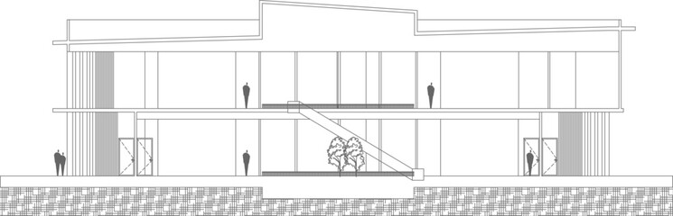 Technical architectural cross-section drawing of a two-story modern building featuring internal circulation, a central staircase, and interior vegetation © Riki