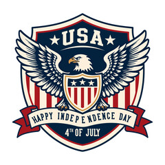 Naklejka premium Vintage USA Independence Day eagle shield logo with patriotic stars and ribbon emblem.