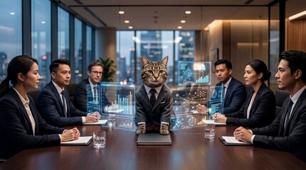 Fototapeta premium corporate imagination, a cat confidently presides over a board meeting with holographic charts