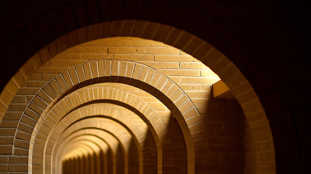 Abstract architectural view: a long, dark brick tunnel with repetitive arches creating a diminishing perspective and deep shadows, illuminated by warm light