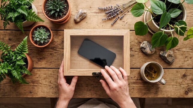mindfulness practices, a serene flat lay showcasing a lockbox surrounded by lush plants, emphasizing digital detox