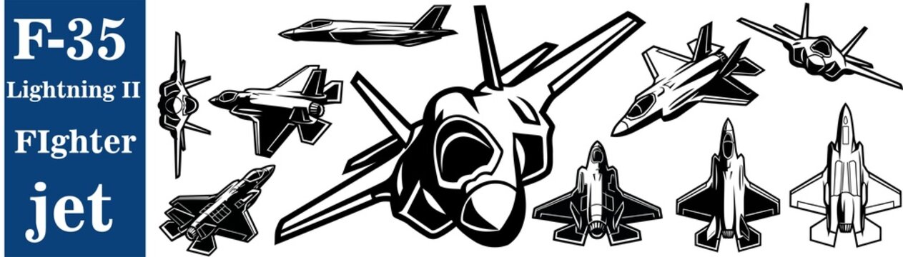 F-35 Lightning II Stealth Fighter Jet Bold Graphic Illustration Set 8 Views Front Side Top Isometric Vector
