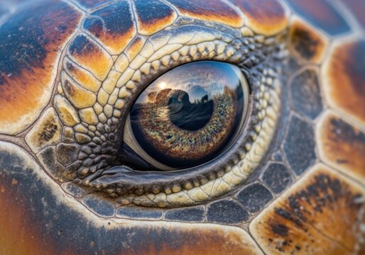 Extreme closeup of a sea turtle eye reflecting the ocean sunset