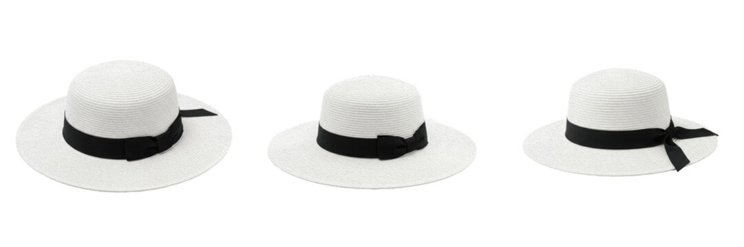 Set and collection of classic elegant white wide brim straw hat with black ribbon beach summer fashion accessory isolated on white transparent png background