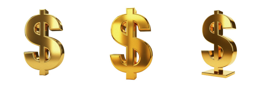 Set and collection of luxury shiny golden dollar sign 3d financial currency symbol wealth and investment asset isolated on white transparent png background