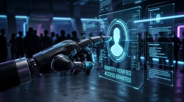 Advanced AI robotic hand verifying digital identity and granting secure access in a futuristic technological environment