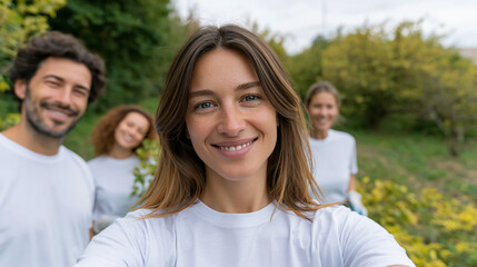 Fototapeta premium Portrait and group selfie of smiling volunteers outdoors for climate change, charity cleaning, and recycling, Earth Day community service concept, with copy space