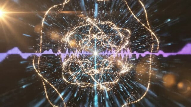 Glowing energy sphere with digital sound waves and circuitry