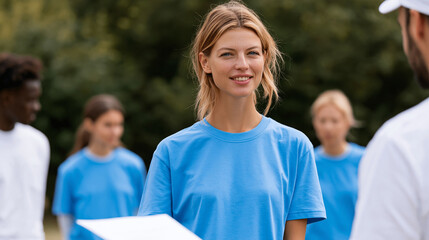 Obraz premium Volunteer coordinator handing out task assignments to a diverse team at the start of a charity event, organization and leadership concept, with copy space