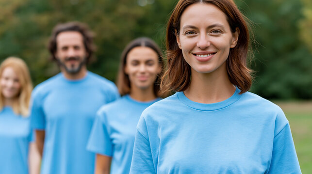 Smiling volunteers standing together in a park, community service and team spirit concept, with copy space