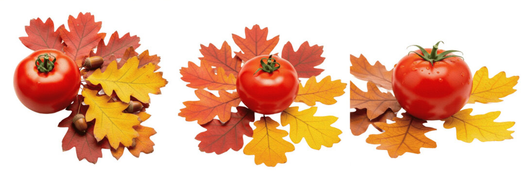 Set and collection of crisp autumn maple leaves surrounding a fresh whole red tomato seasonal harvest concept isolated on white transparent png background