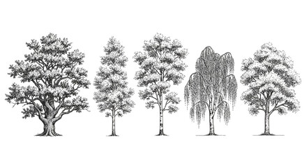 Fototapeta premium various hand-drawn trees including oak birch and weeping willow in black and white