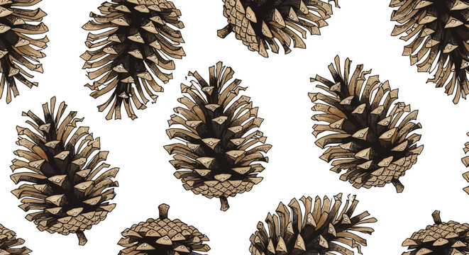 seamless pattern of detailed pine cones on a white background
