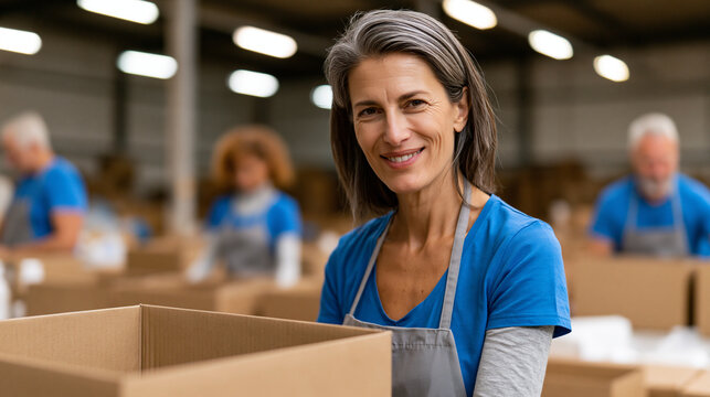 Group of volunteers sorting and distributing donated items at a community center with teamwork and community spirit, with copy space