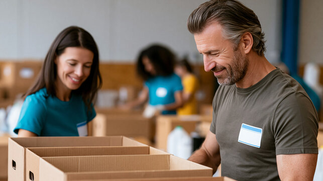 Group of volunteers sorting and distributing donated items at a community center with teamwork and community spirit, with copy space
