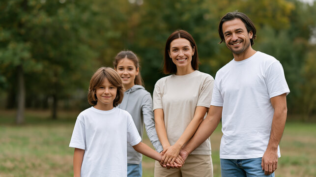 Happy volunteer family putting their hands together, family community service and unity concept, with copy space