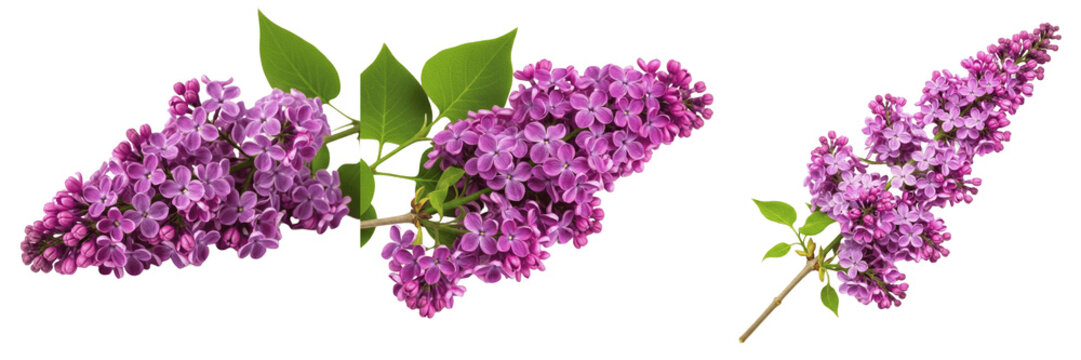 Set and collection of beautiful fresh blooming purple lilac flowers branch spring seasonal botanical floral asset isolated on white transparent png background