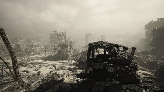 Foggy ruined village under sepia haze, overgrown structures and collapsed roofs, twisted metal and scattered rubble, distant skyline shrouded in mist, moody
