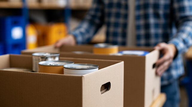 Group of volunteers putting food items into boxes at a donation center, charitable giving concept, with copy space