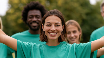 Obraz premium Happy multi-ethnic volunteers forming a team huddle outdoors, community spirit and charity concept, with copy space