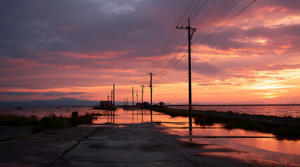 Obraz premium Dramatic Sunset Glow Over Waterlogged Rural Road with Silhouetted Utility Poles and Distant Mountains Reflecting on the Calm Water Surface