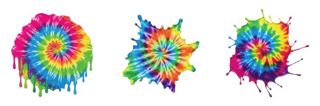 Set and collection of vibrant multi colored spiral tie dye paint splash artistic abstract design element isolated on white transparent png background