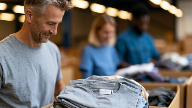 Volunteers sorting donated clothes in a community charity donation center, teamwork and social responsibility concept, with copy space