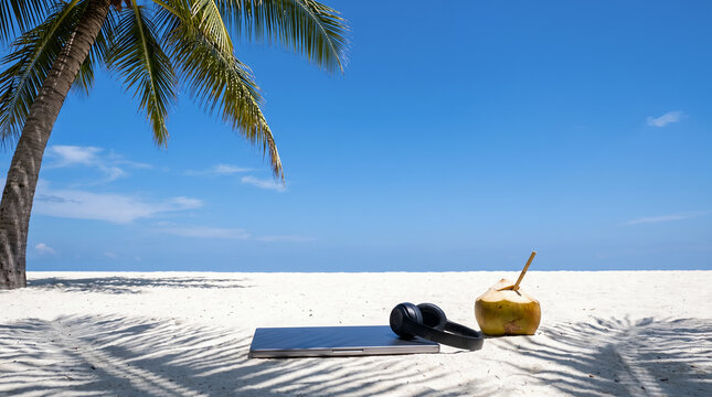 Minimalist remote workspace on white sand beach with laptop, headphones and coconut drink. Tropical island digital nomad concept. Remote freelance work on computer. Small business with copy-space.