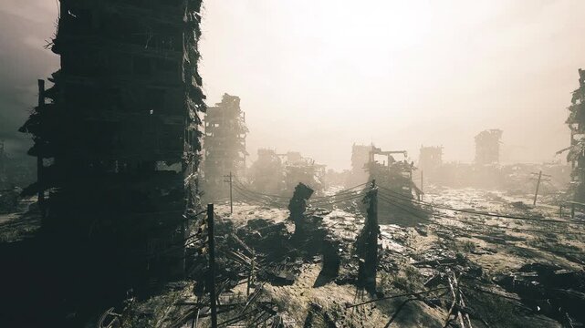 Dawn breaks over desolate ruins with wet roads and scattered plants. Morning light reveals shattered towers amid damp streets and wandering animal tracks