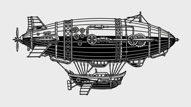 Steampunk Airship Illustration - Vintage Blimp with Gears and Propellers