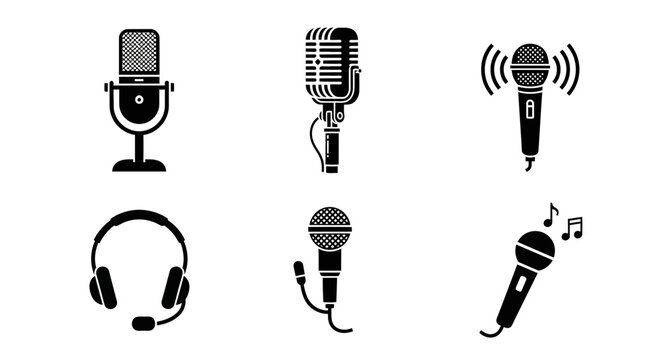 Vintage and Modern Microphones and Headphones Icons Set