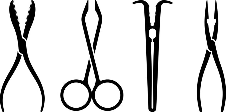 Selection of medical surgical forceps and metal clamps for healthcare professionals depicted as detailed silhouettes for hospital clinic and surgical applications.