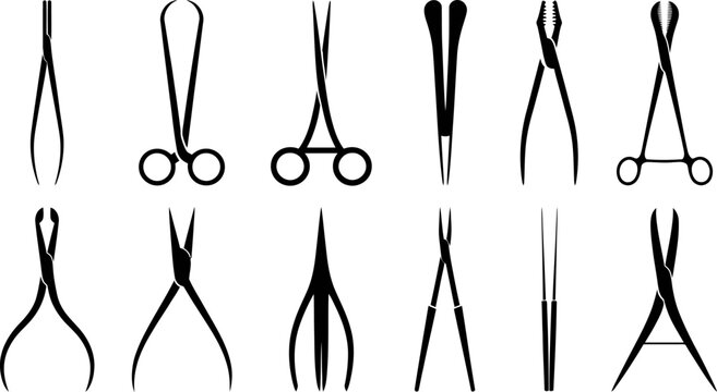 Professional surgical instruments and medical clamps set including scissors forceps and varied clinical tools for medical facility surgery and hospital operations.