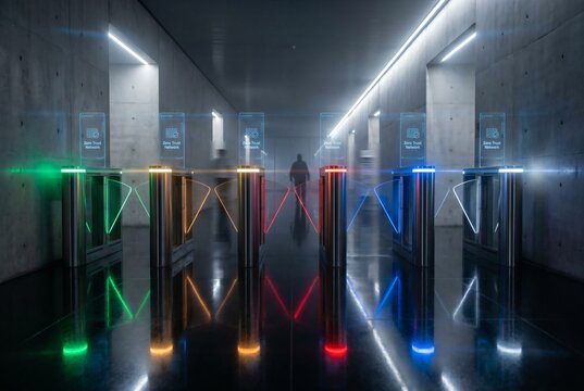 Empty Futuristic Security Checkpoint with Color Coded LED Turnstile Gates and Zero Trust Network Holographic Signs in Industrial Concrete Corridor