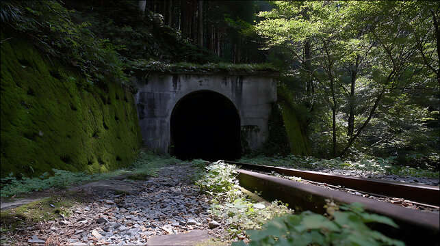 Abandoned railway tunnel entrance, overgrown with moss in a lush, green forest, with parallel tracks leading into darkness, evoking mystery and adventure