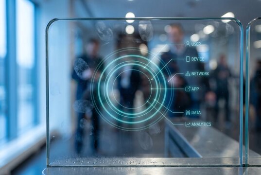 Zero Trust Security Framework Visualization with Concentric Layers on Glass Turnstile with Blurred Office Workers in Background