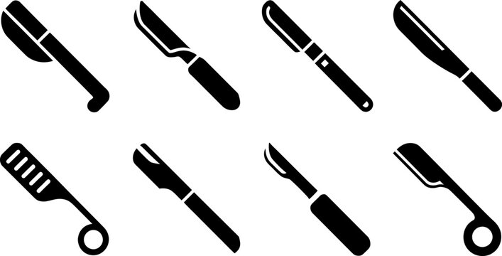 Surgical scalpel icons collection showing various medical cutting blades and professional operating room tools for surgeons and healthcare procedures in flat design.
