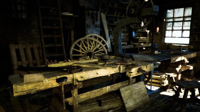 Dimly lit metal lathe on workbench, oily surfaces, scattered fasteners and wrenches, shadowed corners and blue highlights, focused maintenance atmosphere