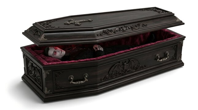 Ornate Gothic Coffin Slightly Open with Figure Inside, Dark Halloween Theme