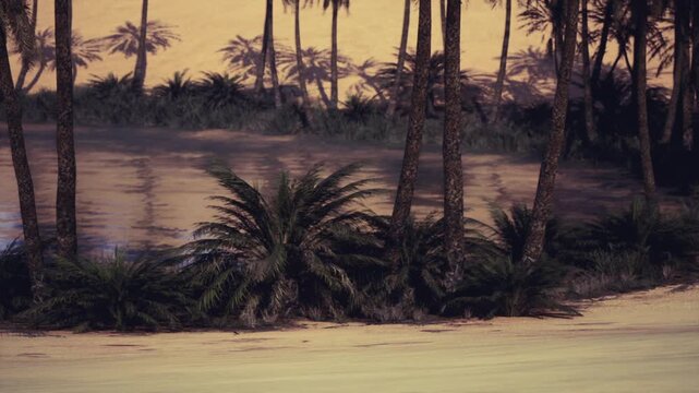 Intimate palm fringe beside still water, moody dusk tones with textured foreground sand, dense undergrowth and shadowed trunks, cinematic close perspective
